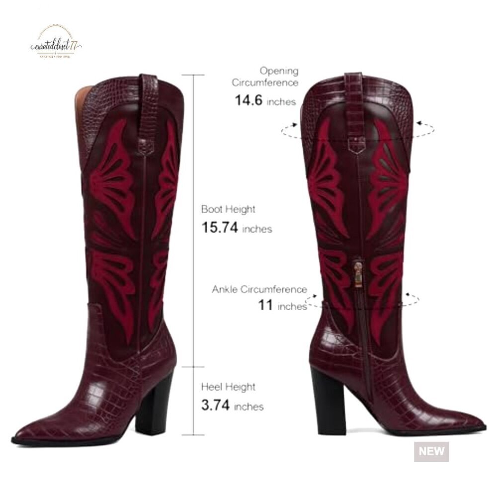 Knee High Cowboy Boots Pointed Toe Chunky Heel Wide Calf Western Boots - Picture 6 of 7